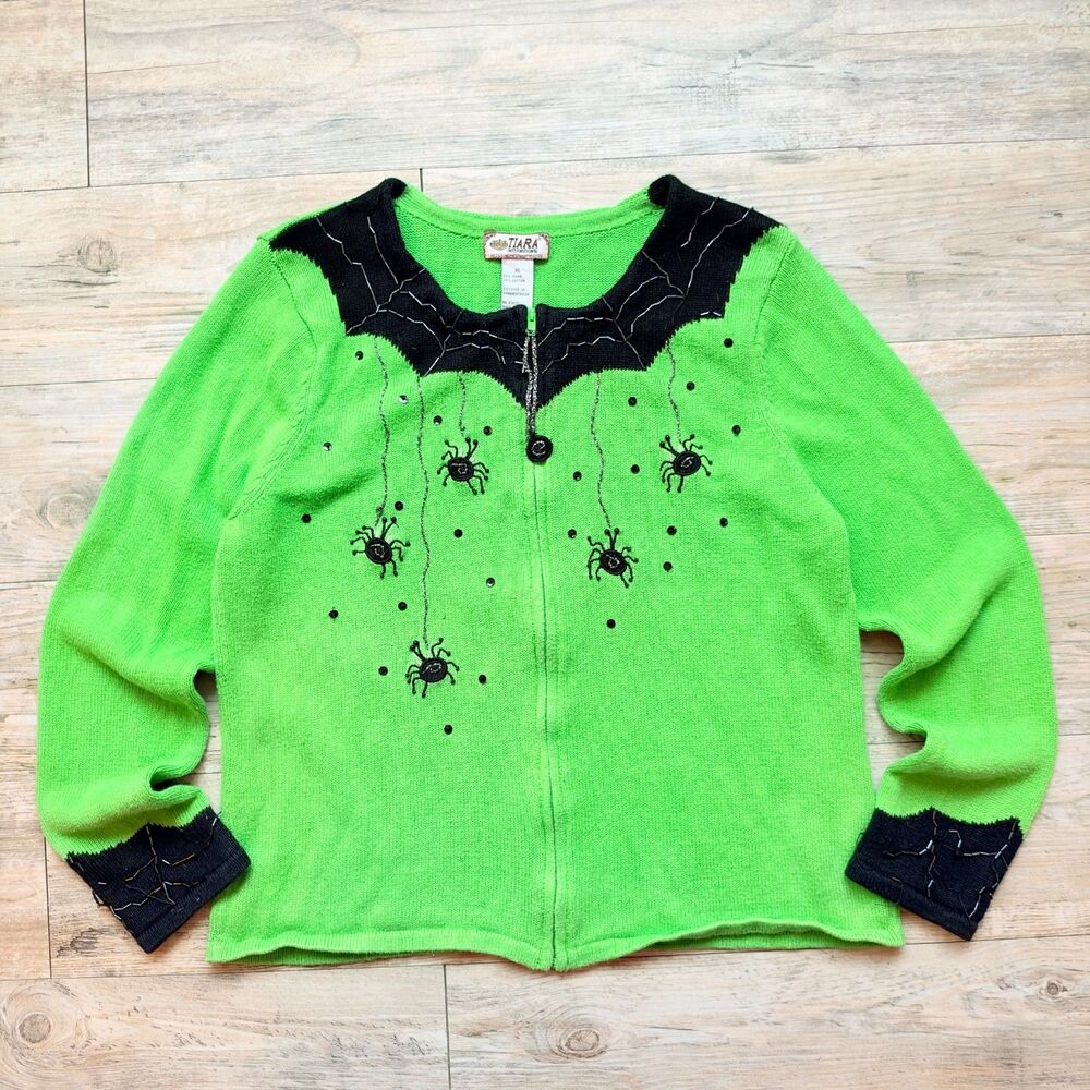 Vintage Halloween Sweater Cardigan XL Tiara International Green Spider Bat Zip